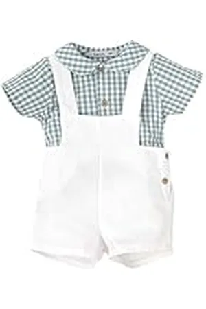 BABIDU Conjunto Niño con Peto Tirantes Cuadro Vichy y Camiseta de Manga Corta Blanca, , 9 Meses Unisex bebé