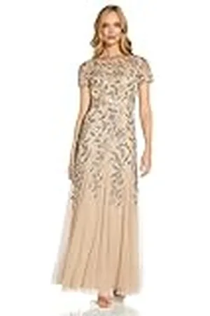 Adrianna Papell Floral Beaded Godet Camiseta Manga Corta, Taupe/Pink, 36 para Mujer