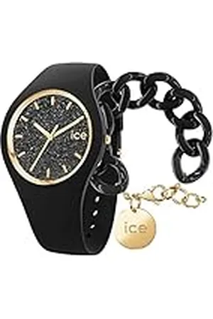 Ice-Watch Ice Glitter Black, Reloj Negro para Mujer con Correa de Silicona, 001349 (Small) + Chain Bracelet, Black, Pulsera de Malla Negra XL para Mujer con Medalla de Oro (020354)