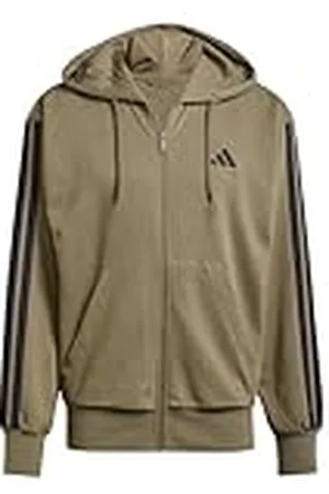 adidas Hombre Essential Three Stripes French Terry Fullzip Hoodie, Olive Strata/Black, S