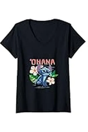 Disney Mujer Lilo & Stitch Ohana Sitting Stitch Cute Logo Camiseta Cuello V