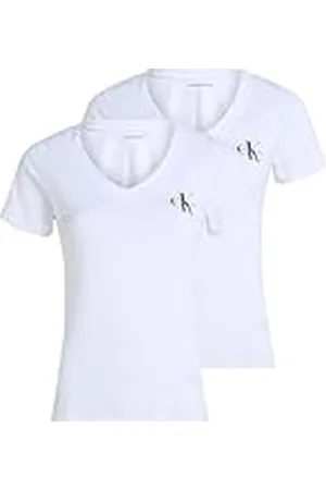 Calvin Klein Camisetas de manga corta Pack de 2 Mujer Monolog Cuello de pico, Blanco (Brilliant White / Brilliant White), L