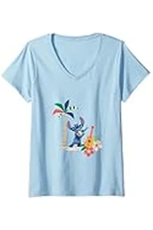 Disney Mujer Lilo & Stitch Hula Dancing Stitch Floral Logo Camiseta Cuello V