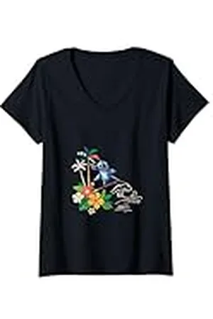 Disney Mujer Lilo & Stitch Surfing Stitch Vintage Floral Logo Camiseta Cuello V