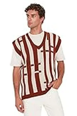 Trendyol Chaleco de suéter de Gran tamaño a Rayas con Cuello en V, , M para Hombre