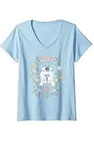 STAR WARS Mujer Cute R2D2 Floral Spring Vibes Big Chest Logo Camiseta Cuello V
