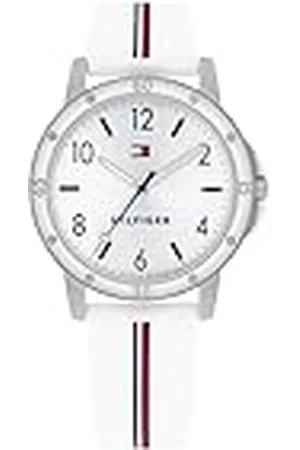 Tommy Hilfiger Reloj para Niña Esfera Plateada, Correa de Silicona Blanca y Rosa, Caja 32mm Oro Rosado, Cuarzo, Resistente al Agua