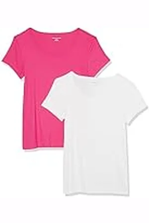 Amazon Camiseta Entallada con Cuello Redondo y Mangas Casquillo Mujer, Pack de 2, , S