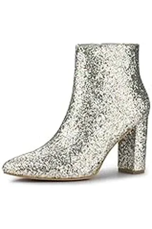 Allegra K Botines De Tobillo Tacón Grueso con Punta Puntiaguda De Brillo para Mujer Plata 37.5