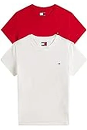 Tommy Hilfiger Camisetas de Manga Corta Pack de 2 Mujer con Cuello Redondo, Multicolor (Ecru/Sapphire Red), S