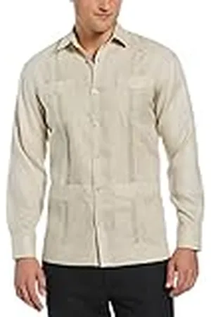 Cubavera Camisa Guayabera de Manga Larga para Hombre, 100% Lino, con Cuatro Bolsillos, Cuello Playero, Detalle de Pliegues, Ajuste Relajado y Ligero, (Natural Linen), Small