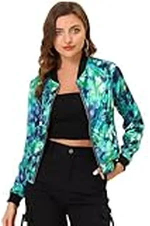 Allegra K Día de San Patricio Chaqueta De Bombardero Floral Ligera Con Cremallera Y Cuello Alto Para Mujer XS