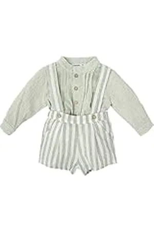 BABIDU Conjunto Niño con Peto de Rayas y Camisa Manga Larga a Juego, Detalles de Botones Madera y Tirantes Cruzados, , 6 Meses Unisex bebé