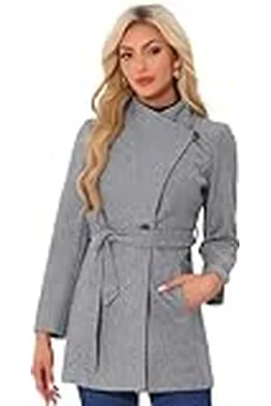 Allegra K Abrigo largo con cinturón de invierno de manga larga con cuello alto clásico para mujer, , S