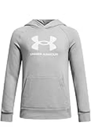 Under Armour UA Rival Fleece BL Hoodie Sudadera de deporte para niño, cómoda y suave sudadera de niño, color gris claro jaspeado/blanco