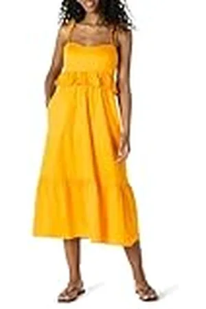 Amazon Vestido Midi con Volantes y Cintura Imperio de Satén de Algodón de Corte Recto Mujer, , XS