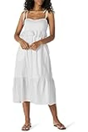 Amazon Vestido Midi con Volantes y Cintura Imperio de Satén de Algodón de Corte Recto Mujer, , XXL
