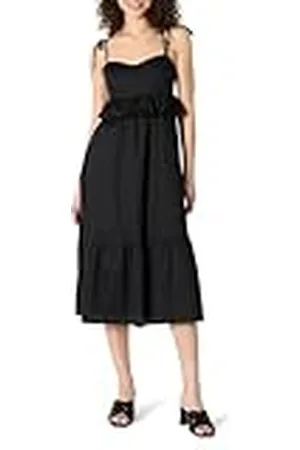 Amazon Vestido Midi con Volantes y Cintura Imperio de Satén de Algodón de Corte Recto Mujer, , L