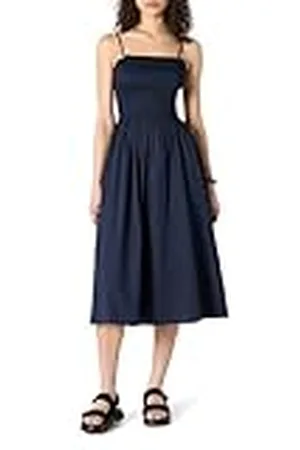 Amazon Vestido Midi con Corpiño Nido de Abeja de Satén de Algodón de Corte Recto Mujer, , XXS
