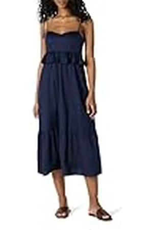 Amazon Vestido Midi con Volantes y Cintura Imperio de Satén de Algodón de Corte Recto Mujer, , XS