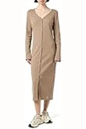 Calvin Klein Vestido Mujer Woven Label Rib Fit con botones, Beige , S
