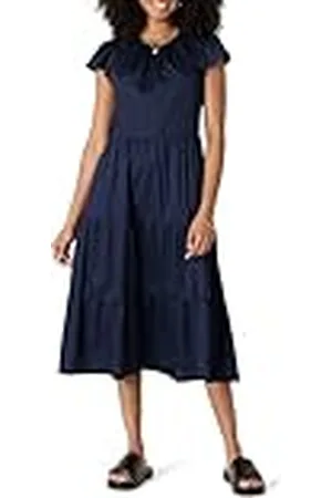 Amazon Vestido Midi, a Capas y Holgado de Satén de Algodón con Cuello Redondo Mujer, , XXL