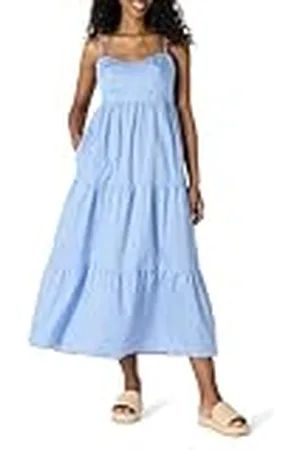 Amazon Vestido Largo de Satén de Algodón con Ajuste Regular, Tirantes Finos y Capas Mujer, , L
