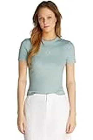 Calvin Klein Camiseta de manga corta Mujer Woven Label Rib Tee Slim Fit, Turquesa (Cloud Blue), L