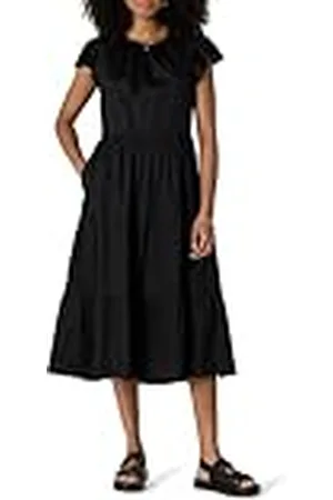 Amazon Vestido Midi, a Capas y Holgado de Satén de Algodón con Cuello Redondo Mujer, , XXL