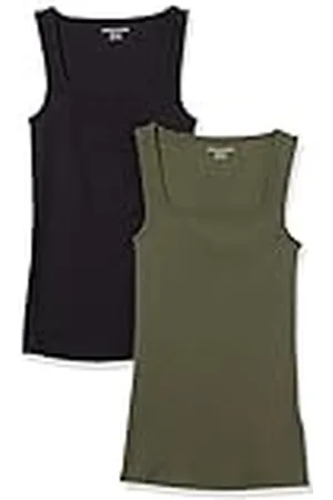 Amazon Camiseta sin Mangas con Cuello Cuadrado y Corte Ajustado Mujer, Pack de 2, , XS