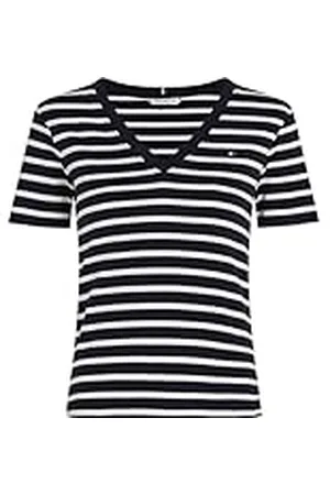Tommy Hilfiger Camiseta de Manga Corta para Mujer New Slim Cody V-Neck con Cuello de Pico, Multicolor (Nos Breton Desert Sky/ Ecru), S