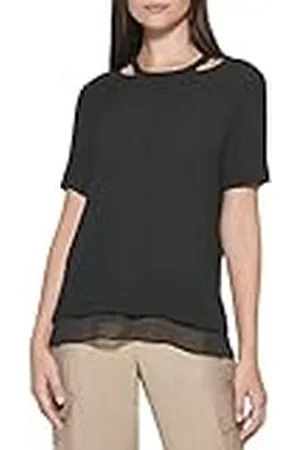 DKNY Mujer S/S Cuello Recortado Superior con Dobladillo de Gasa, , M