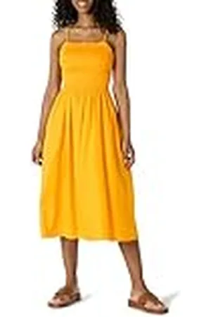 Amazon Vestido Midi con Corpiño Nido de Abeja de Satén de Algodón de Corte Recto Mujer, , XL
