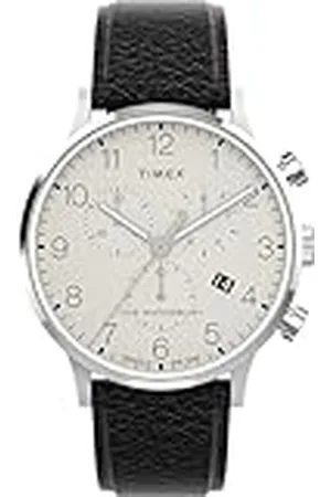 Timex Waterbury Reloj para Hombre, Correa de Cuero Negro, Esfera Crema, Caja de Acero Inoxidable, 40 mm, TW2Y29400