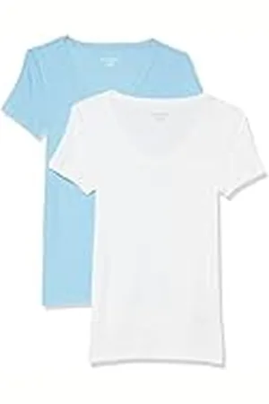 Amazon Camiseta de Cuello en Pico de Manga Corta y Ajuste Entallado Mujer, Pack de 2, , S