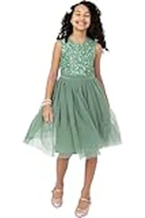 Maya Deluxe Midi Dress for Girls Sequins Embellished Party Tutu Bridesmaids Wedding with Belt Bow, Vestido Niñas,