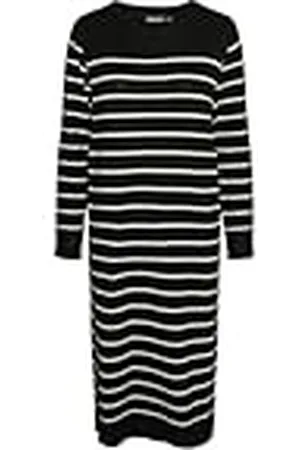 Pieces® Pcjoy LS O-Neck Knit Midi Dress Mm Vestido, Negro/Rayas: Cloud Dancer, XL para Mujer