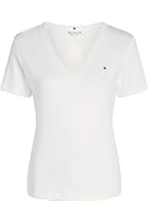 Tommy Hilfiger Camiseta de Manga Corta para Mujer New Slim Cody V-Neck con Cuello de Pico, Blanco (Nos Ecru), M