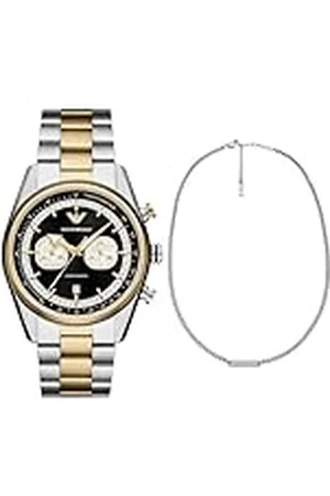 Emporio Armani Hombre Set Reloj Bicolor de Acero Inoxidable y Collar Tono Plateado, Set
