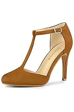Allegra K Zapatos de tacón de Aguja Redondeados con Correa en T para Mujer, Brown, 39 EU
