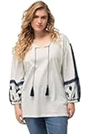 Ulla Popken Bluse, Stickerei, Tunika-Ausschnitt, Langarm Buse con Bordado en Las Mangas, Blanco Nieve, 62-64 Mujeres
