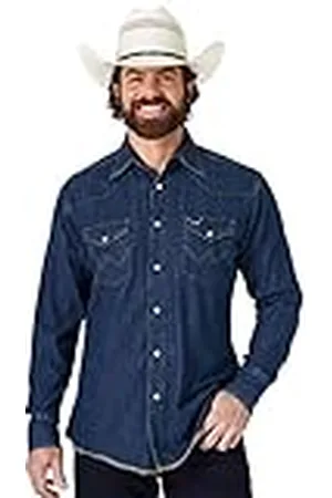 Wrangler Camisa de Trabajo de Manga Larga Western con Acabado Lavado, añil, L para Hombre