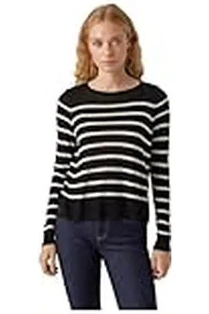 VERO MODA Vmnova Ga Noos-Jersey de Cuello Redondo Suéter, Negro/Rayas: Abedul, XL para Mujer