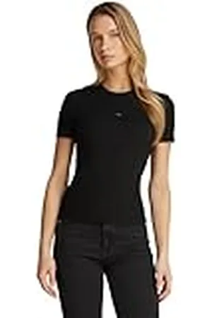 Calvin Klein Camiseta de manga corta Mujer Woven Label Rib Tee Slim Fit, Negro (Ck Black), M