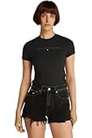Tommy Hilfiger Camiseta de Manga Corta Mujer Tonal Linear tee Slim Fit, Negro (Black), M