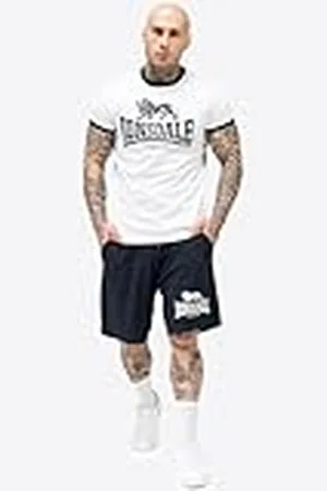 Lonsdale London Conjunto de camiseta y pantalones cortos para hombre, ajuste normal, color blanco/azul marino, XXL