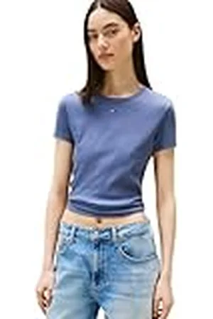 Tommy Hilfiger Camiseta de Manga Corta Mujer Essential Rib Slim Fit, Azul (Blue Moment), M