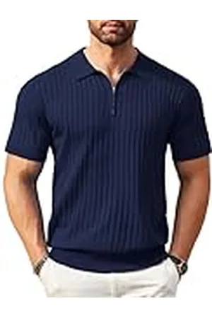Coofandy Polo de Manga Corta con Cremallera para Hombre, de Punto Acanalado, a la Moda, Informal, para Golf, , L