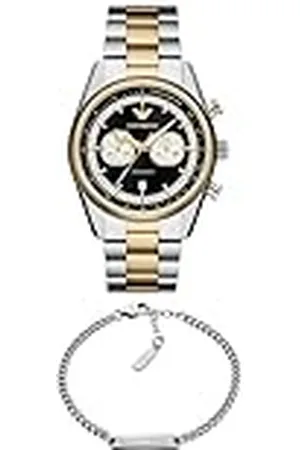 Emporio Armani Hombre Set Reloj Bicolor de Acero Inoxidable y Pulsera Tono Plateado, Set