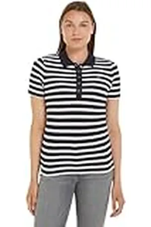 Tommy Hilfiger 1985 Slim Pique Stripe Polo SS WW0WW39530 Polos de Manga Corta, Blanco (Breton Ecru/Desert Sky), M para Mujer